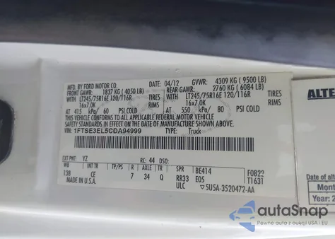 2012 Ford E-350 Super Duty Commercial z USA, uszkodzony, nr VIN 1FTSE3EL5CDA94999